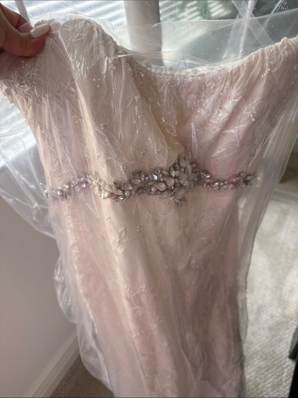 Strapless Blush Pink Lace Gown with Jeweled Waist